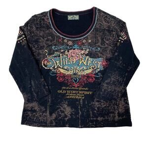 Y2K Graphic Poster Cowgirl Jeweled Wild West Americana Black Tshirt